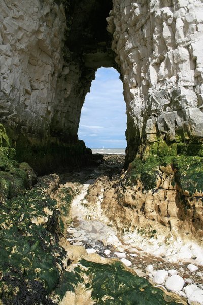 Cliff arch: An arch in a chalk cliff at low tide in Kent, England.